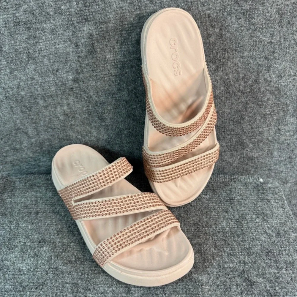 Crocs Brooklyn Strappy Low Wedge Sandals Rhinestone Blush Pink Nude Womens 9